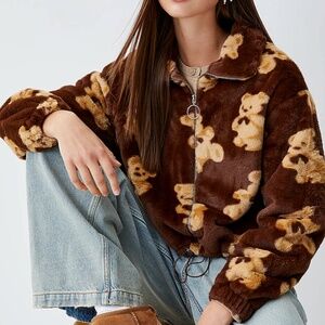 New Mix chocolate brown Teddy Bears cropped plush jacket NWT